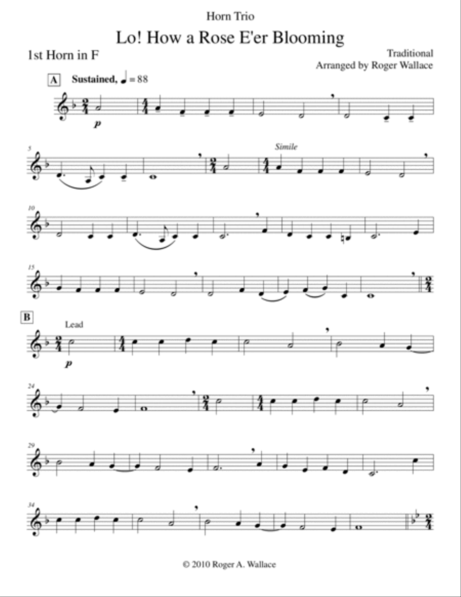 Lo! How a Rose E'er Blooming (Horn Trio) Brass Trio scores gallery preview page 5