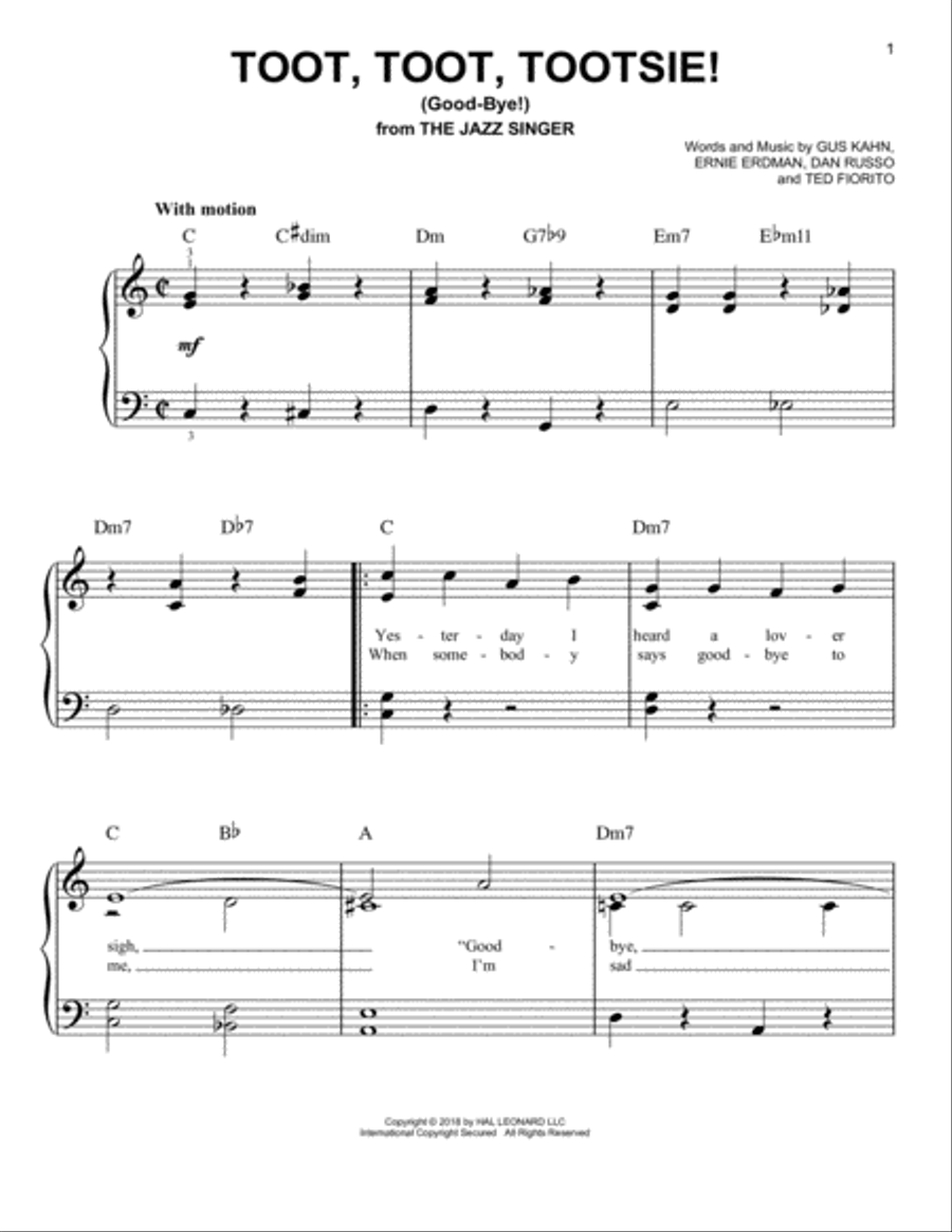 Toot, Toot, Tootsie! (Good-bye!) Easy Piano scores gallery preview page 1