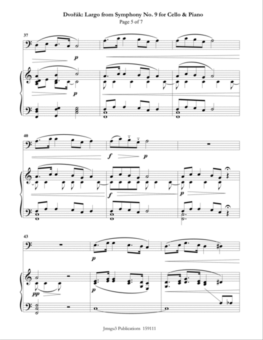 Dvořák: Largo from the New World Symphony for Cello & Piano Piano scores gallery preview page 5