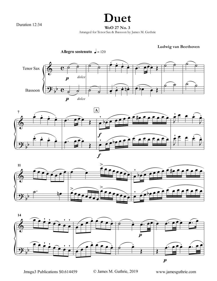 Beethoven: Duet WoO 27 No. 3 for Tenor Sax & Bassoon Woodwind Duet scores gallery preview page 1