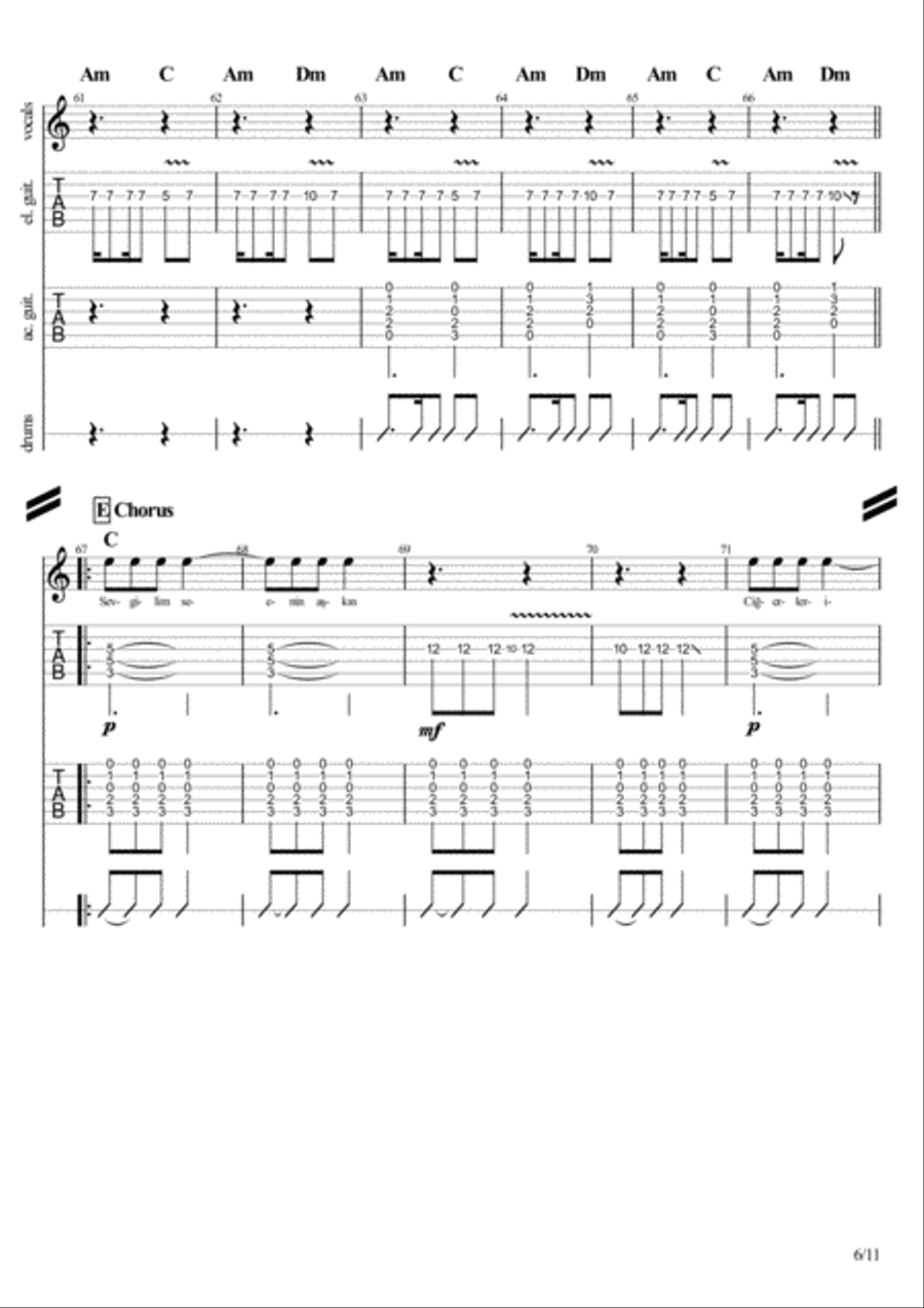 Koyverdin Gittin Beni (Turkish folk song reconstructed for a rock band setting) Guitar Tablature scores gallery preview page 6