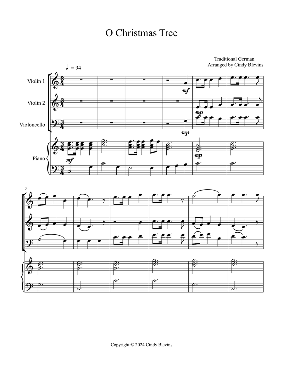 O Christmas Tree, for Two Violins, Cello and Piano Piano Quartet scores gallery preview page 2