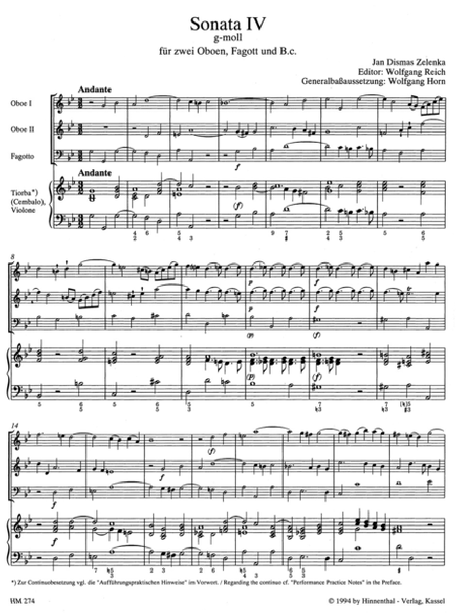 6 Sonaten fur 2 Oboen oder Violine und Oboe, Fagott (Violoncello) und Basso continuo. Heft 4 (Sonate IV) g minor ZWV 181/4