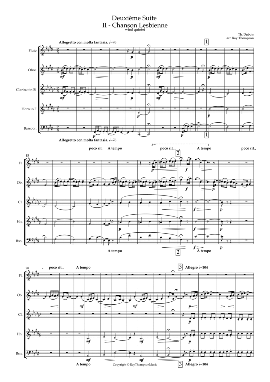 Dubois: Deuxième Suite pour Instruments à vent (2nd Suite-Winds) II.Chanson Lesbienne - wind quintet Woodwind Quintet scores gallery preview page 1