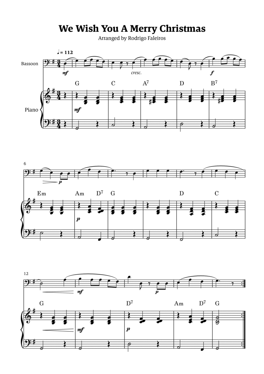 We Wish You a Merry Christmas (for solo bassoon with piano accompaniment) Bassoon Solo scores gallery preview page 1