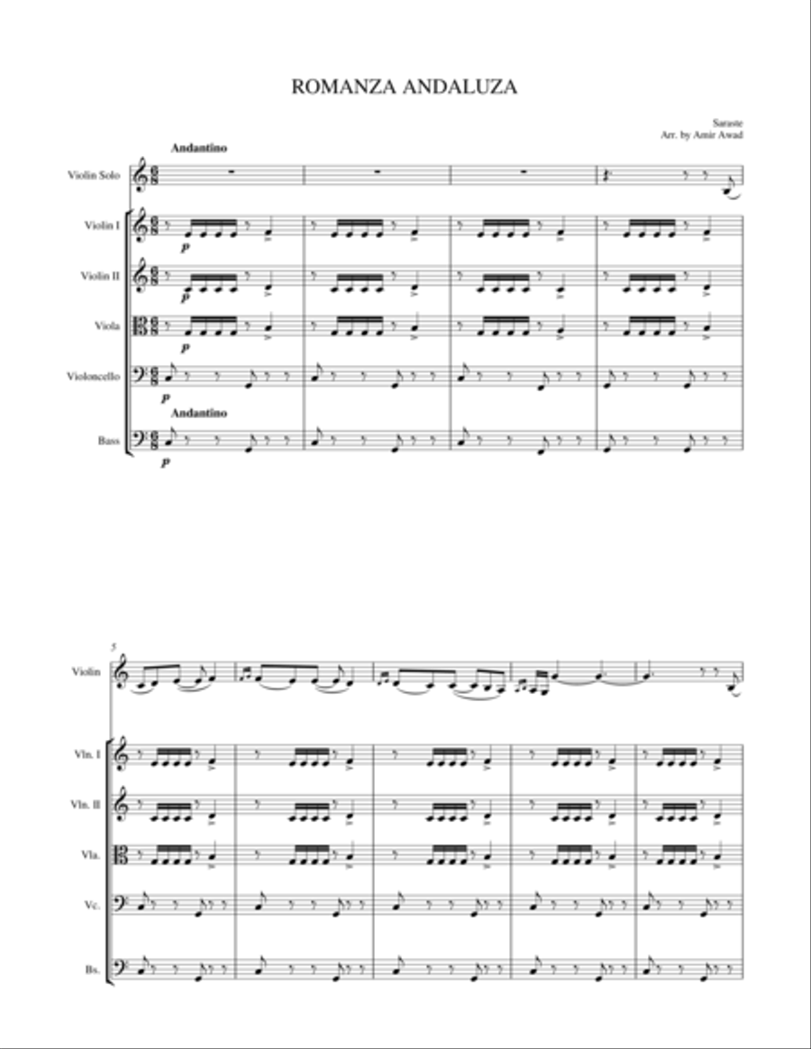 Sarasate : Romance Andaluse for Violin and String Orchestra String Orchestra scores gallery preview page 1