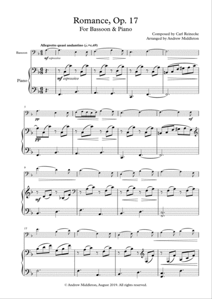 Romance Op. 17 arranged for Bassoon and Piano image number null