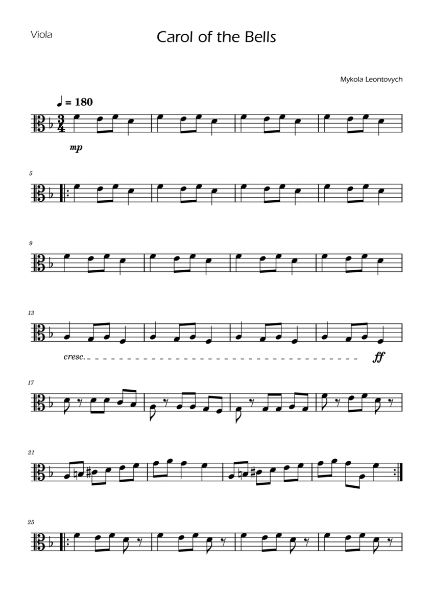 Carol of the Bells - Viola Solo w/ Piano image number null