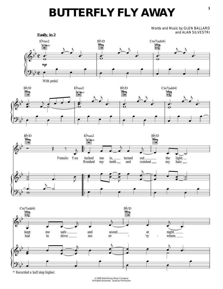 Butterfly Fly Away Piano, Vocal, Guitar scores gallery preview page 1