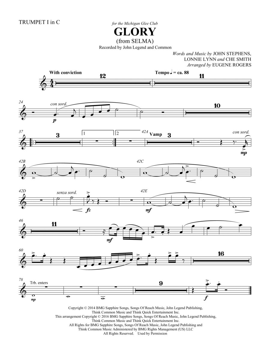 Glory (from Selma) (arr. Eugene Rogers) - Trumpet 1 in C Choir scores gallery preview page 1