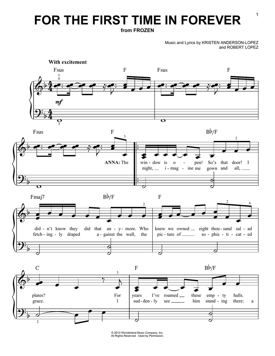 For The First Time In Forever (from Frozen) Easy Piano scores gallery preview page 1
