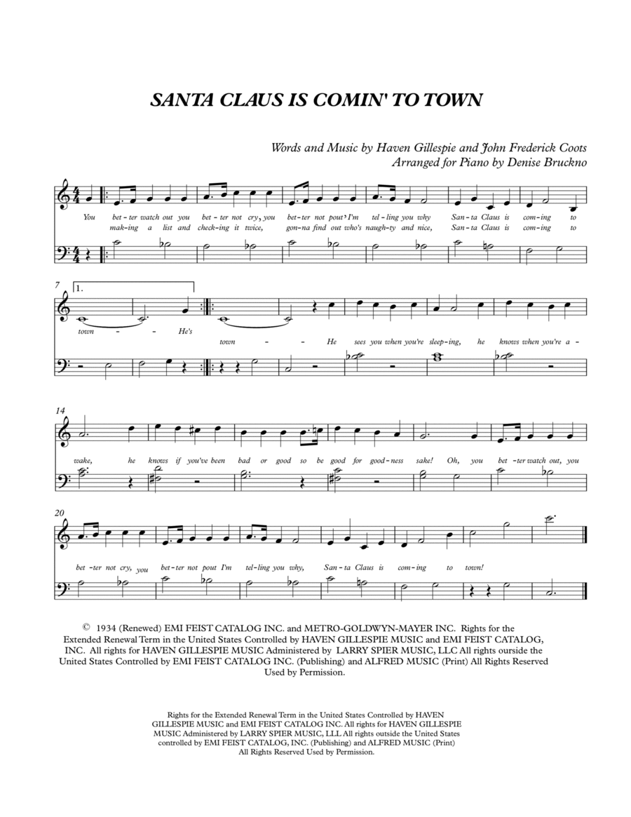 Santa Claus Is Comin' To Town Easy Piano scores gallery preview page 1