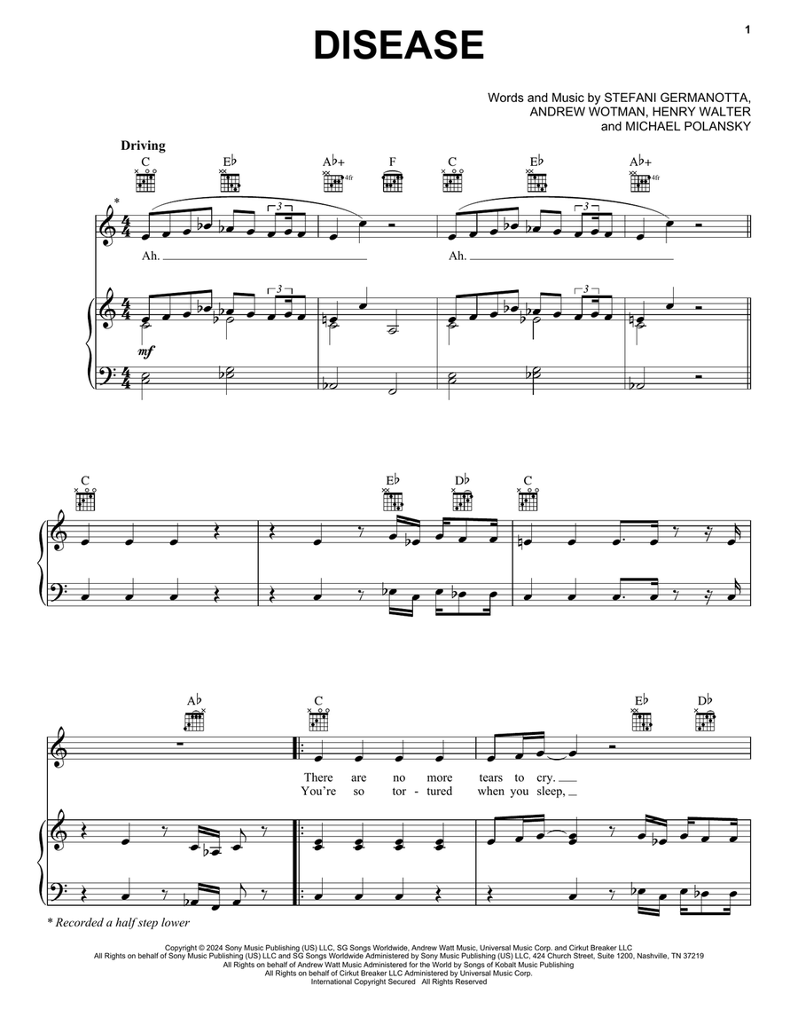 Disease Piano, Vocal, Guitar scores gallery preview page 1