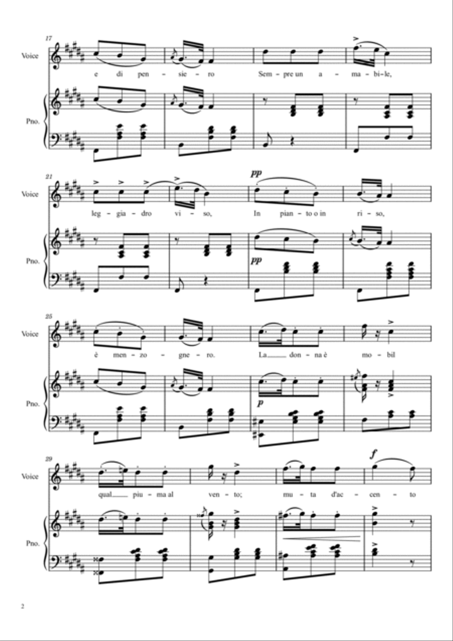 Verdi - La donna è mobile - Rigoletto: Act 3 - For Piano and Voice With Lyrics Voice scores gallery preview page 2