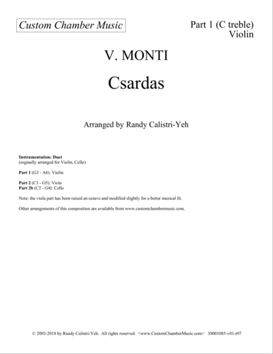 Monti Csardas (Czardas): duet for violin and cello/viola image number null