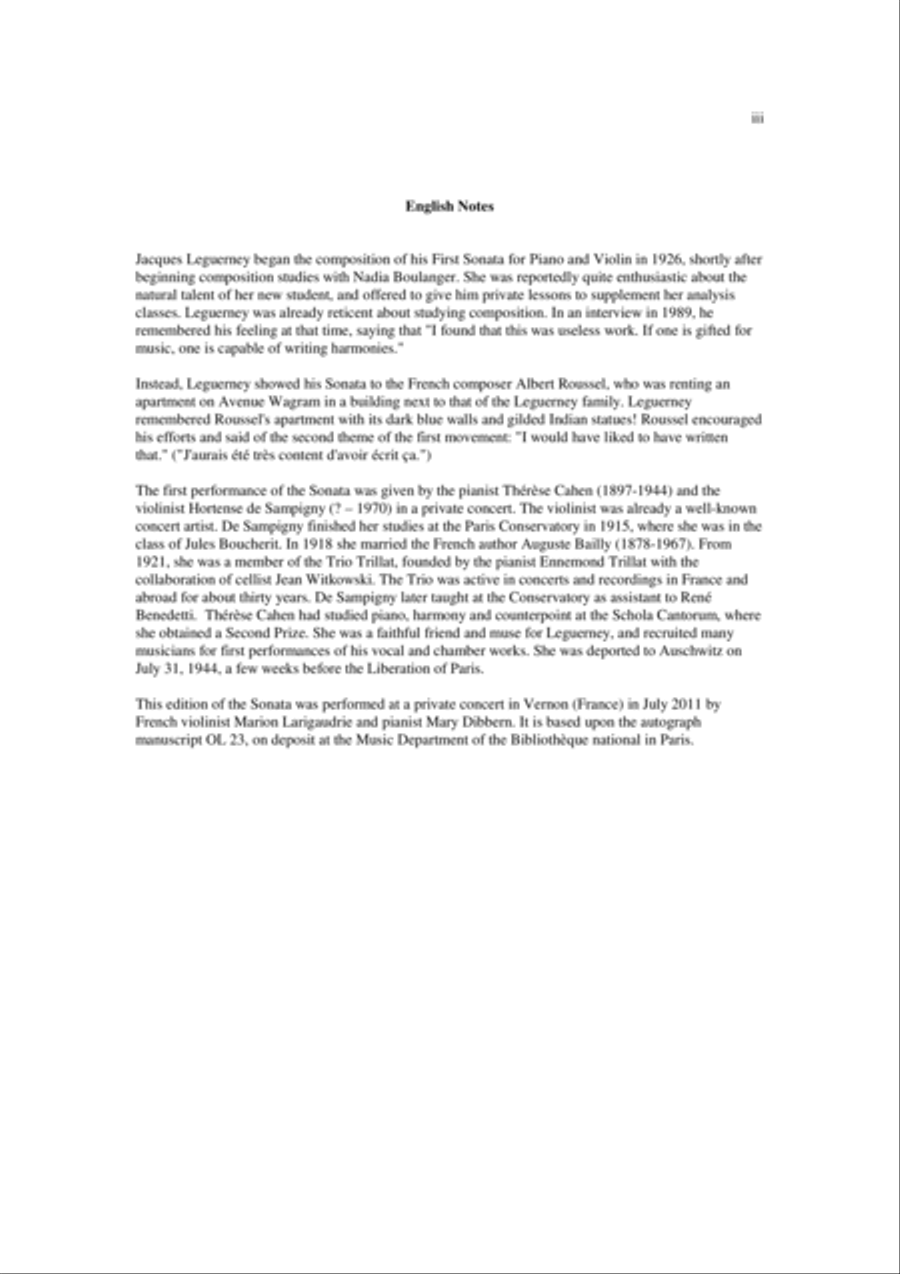 Jacques Leguerney: Première Sonate for piano and violin Violin Solo scores gallery preview page 3