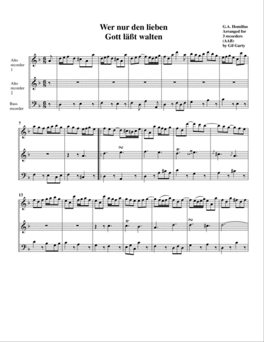 Wer nur den lieben Gott läßt walten (arrangement for 3 recorders) Recorder scores gallery preview page 1