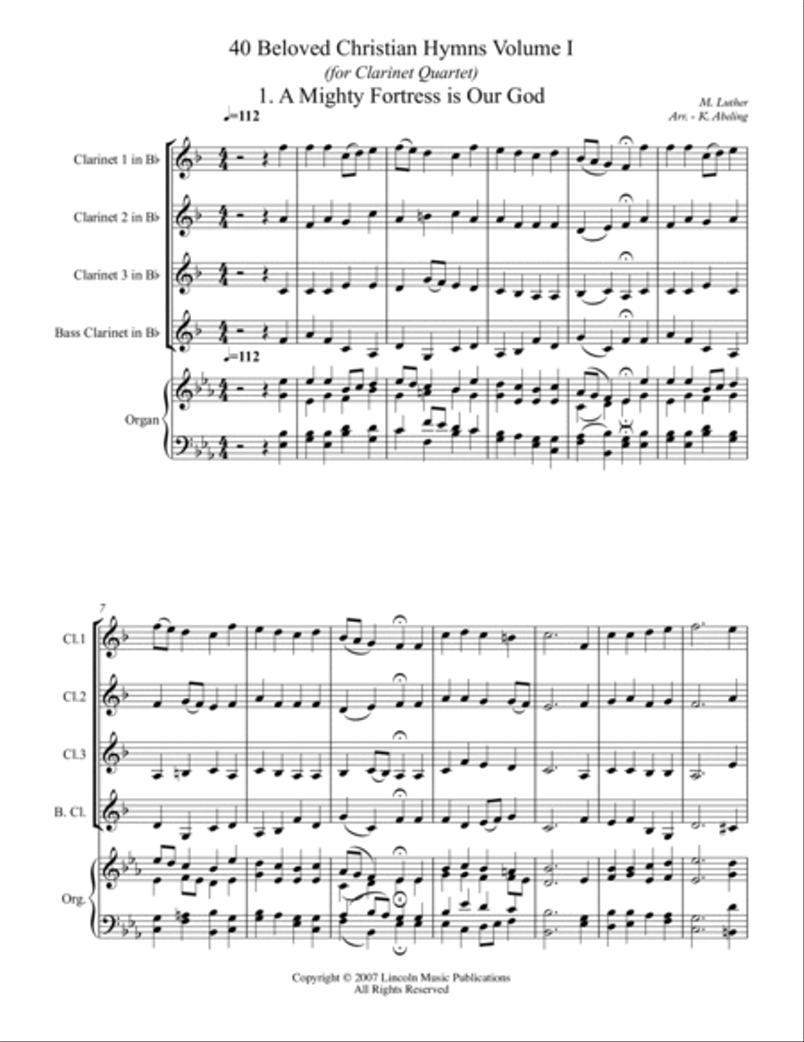 40 Beloved Christian Hymns Volume I (for Clarinet Quartet and optional Organ) Clarinet Quartet scores gallery preview page 2