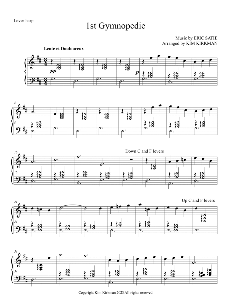 Gymnopedie 1 (arranged for lever harp - minimum changes) Celtic Harp scores gallery preview page 1