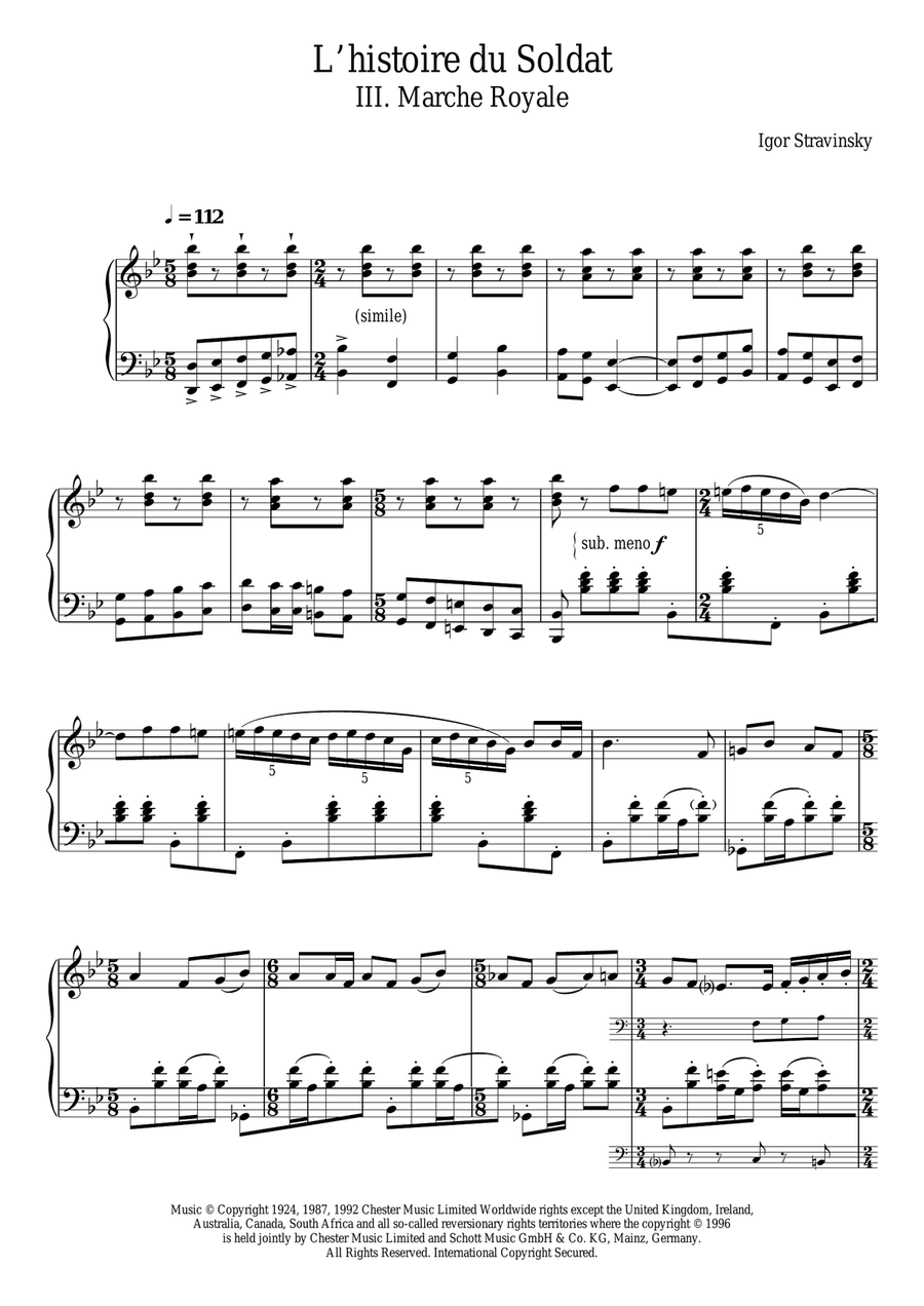 L'histoire Du Soldat, III. Marche Royale Piano Solo scores gallery preview page 1