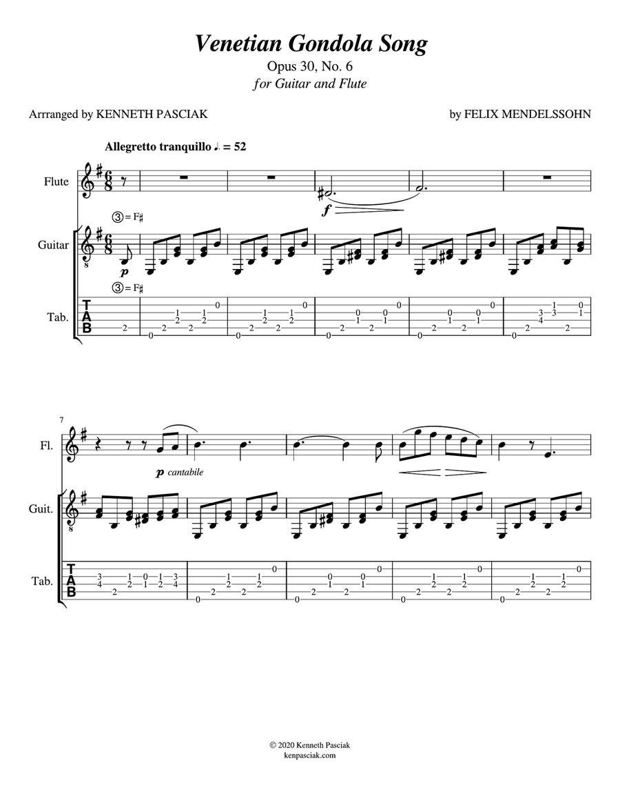 Venetian Gondola Song for guitar and flute (or violin) Flute scores gallery preview page 3