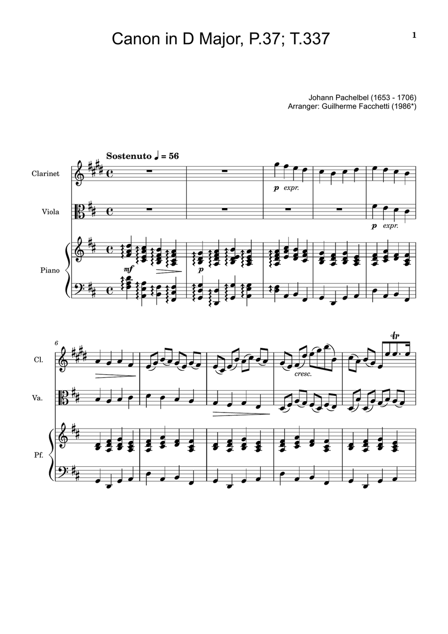 Canon in D Major P.37 T.337. Arranged for Clarinet Viola and Piano. Score and Parts