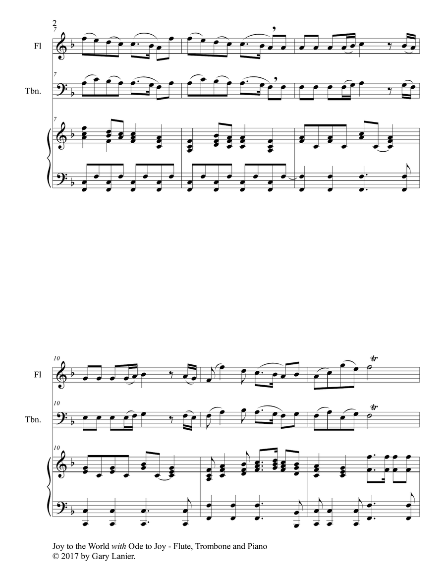 JOY TO THE WORLD with ODE TO JOY (Trio - Flute, Trombone with Piano & Score/Part) Flute scores gallery preview page 3