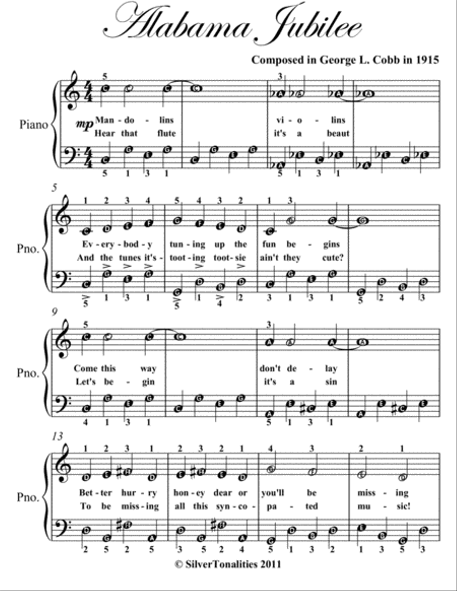 Alabama Jubilee Easy Piano Sheet Music