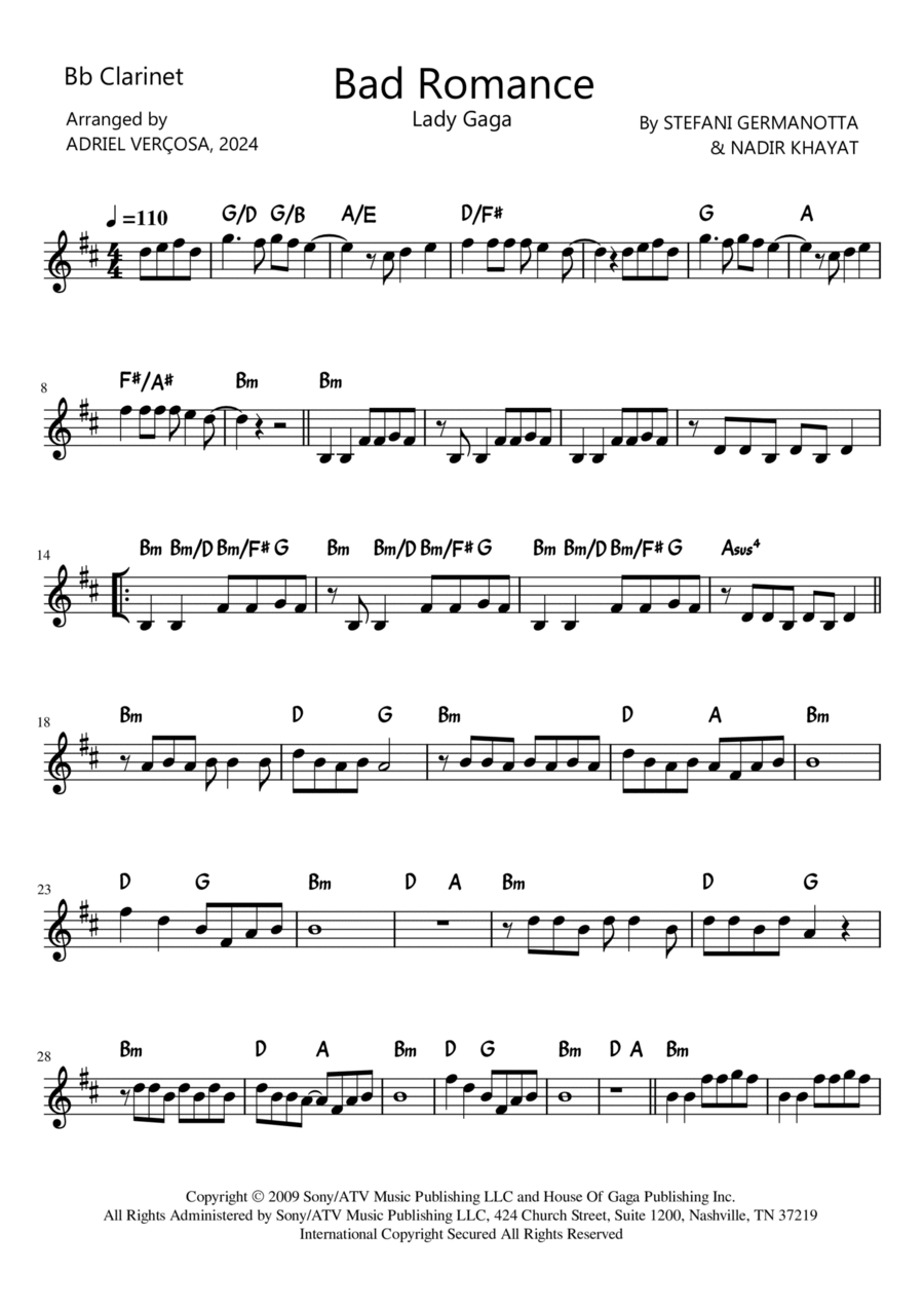 Bad Romance B-Flat Clarinet scores gallery preview page 1