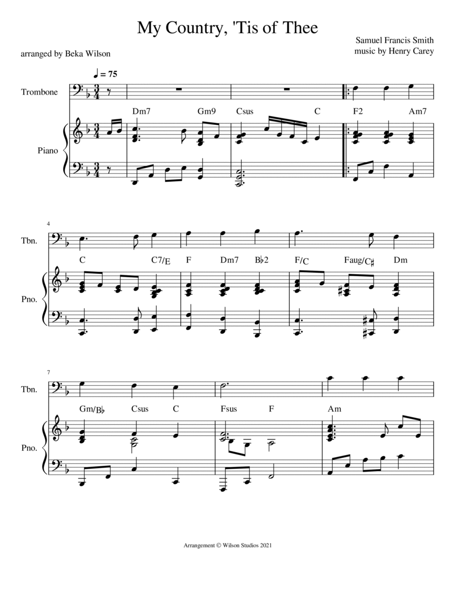 America (My Country 'Tis of Thee)--trombone solo Piano scores gallery preview page 1