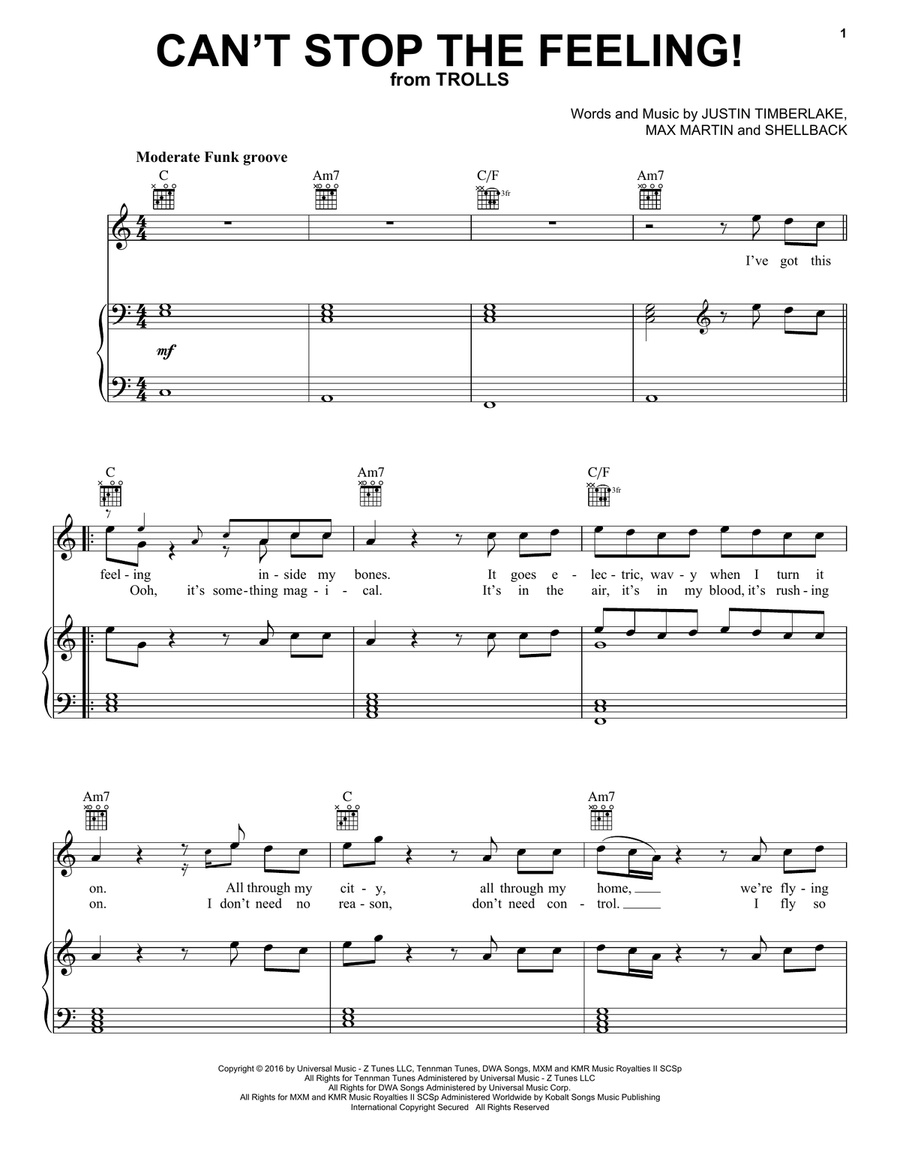 Can't Stop The Feeling Can't Stop The Feeling Piano, Vocal, Guitar scores gallery preview page 1