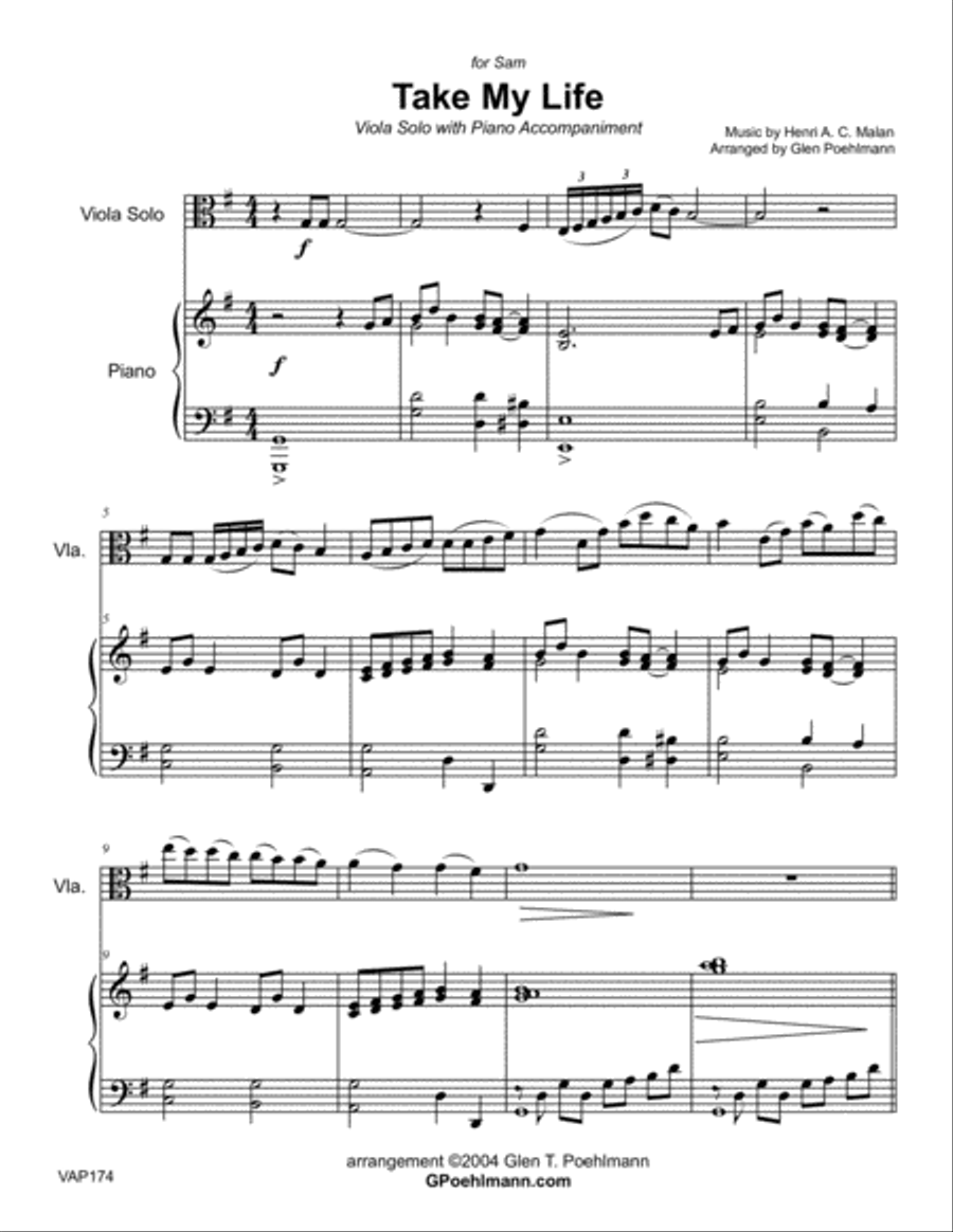 TAKE MY LIFE AND LET IT BE - VIOLA SOLO with Piano Accompaniment Piano scores gallery preview page 1