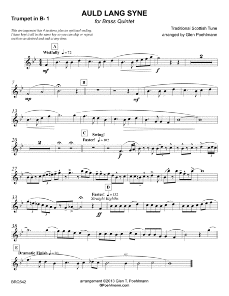 AULD LANG SYNE arranged for BRASS QUINTET Brass Quintet scores gallery preview page 5