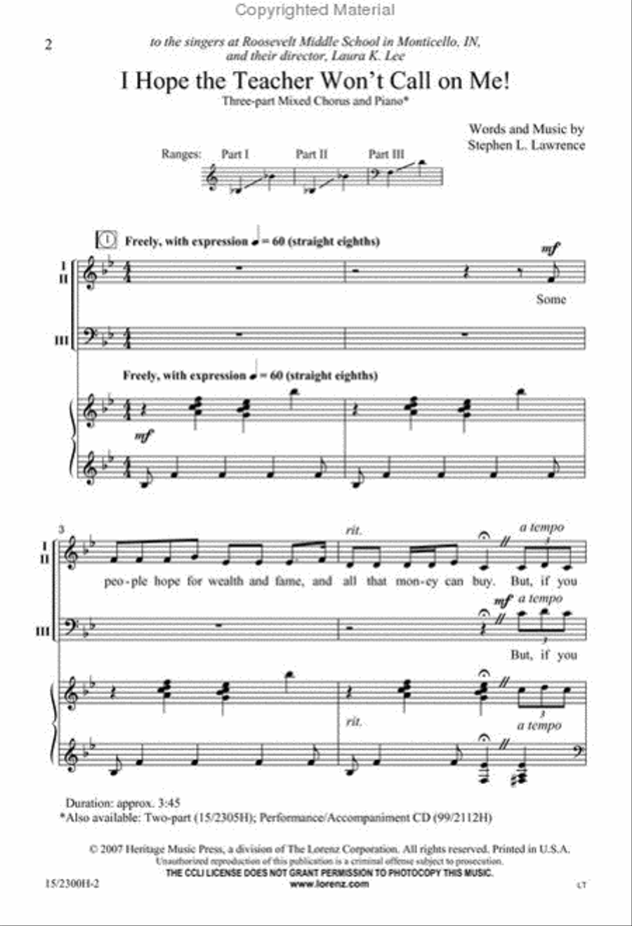 I Hope the Teacher Won't Call on Me! 3-Part scores gallery preview page 2