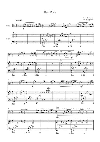 Fur Elise, Ludwig Van Beethoven, For Viola & Piano image number null