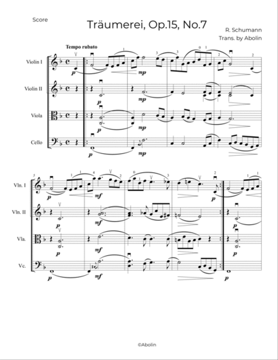 Schumann: Traumerei, Op.15, No.7 - String Quartet image number null