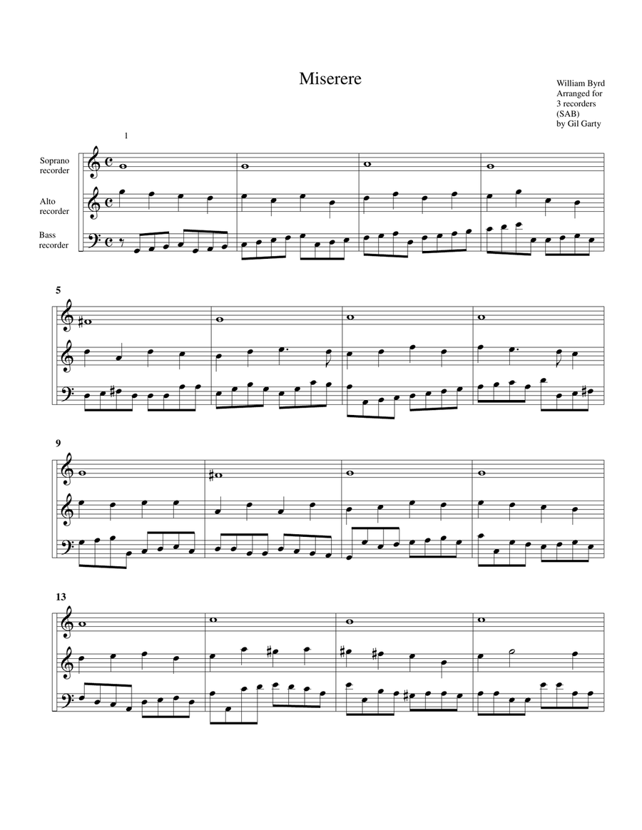 Miserere (Fitzwilliam virginal book, no.279) (arrangement for 3 recorders)