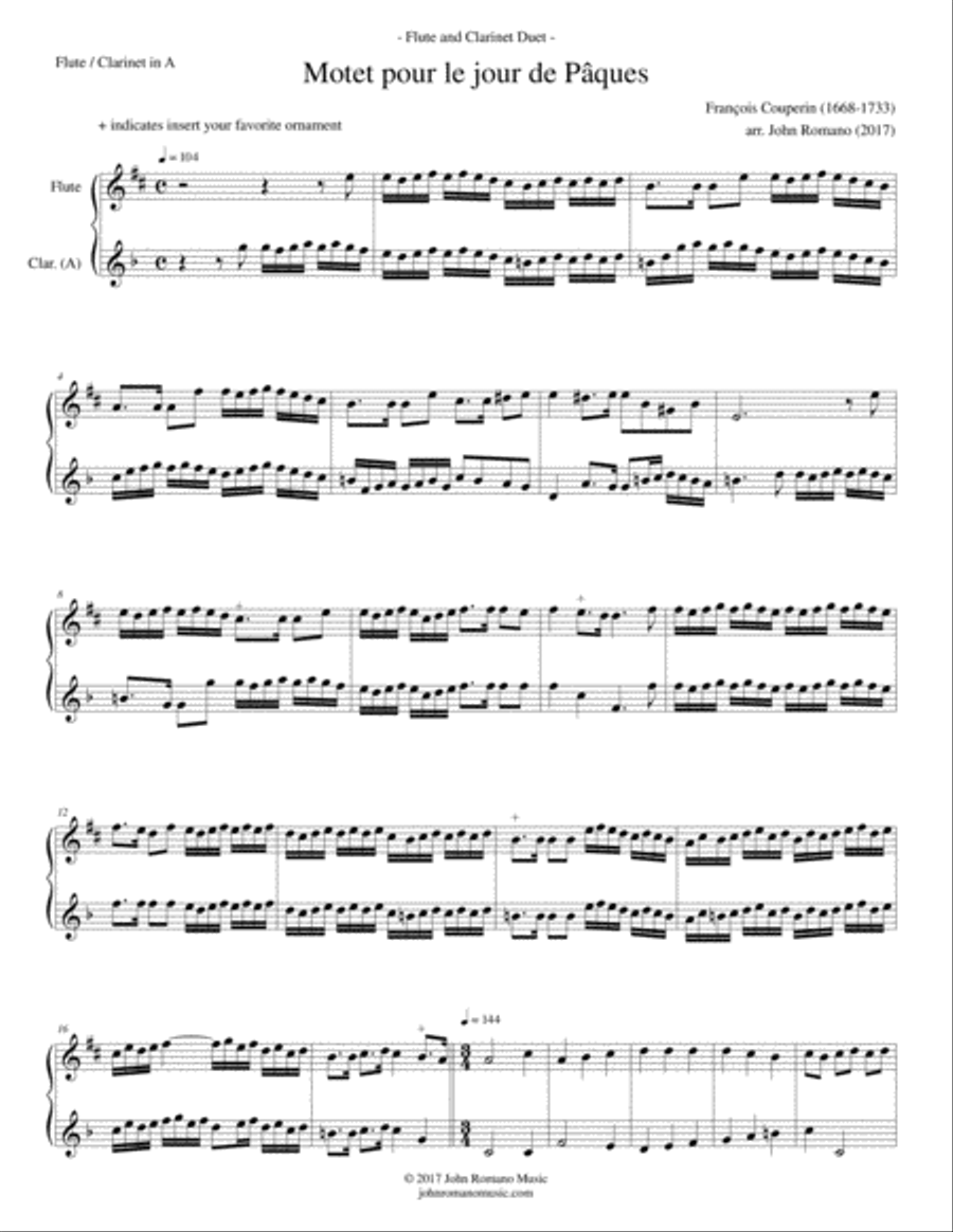 Couperin - Motet for Easter Day (Flute Clarinet Duo) Woodwind Duet scores gallery preview page 1