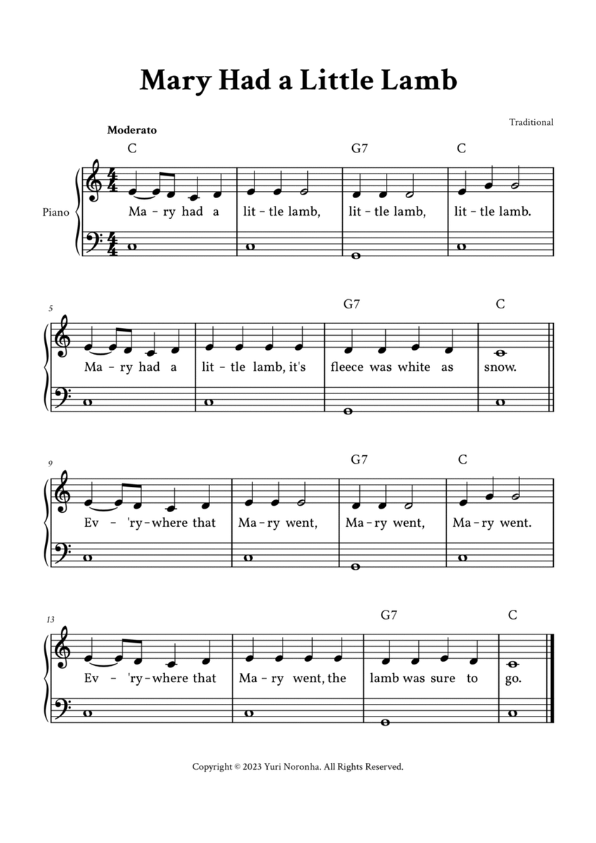 Mary Had a Little Lamb - Easy Piano in C (with Lyrics) image number null