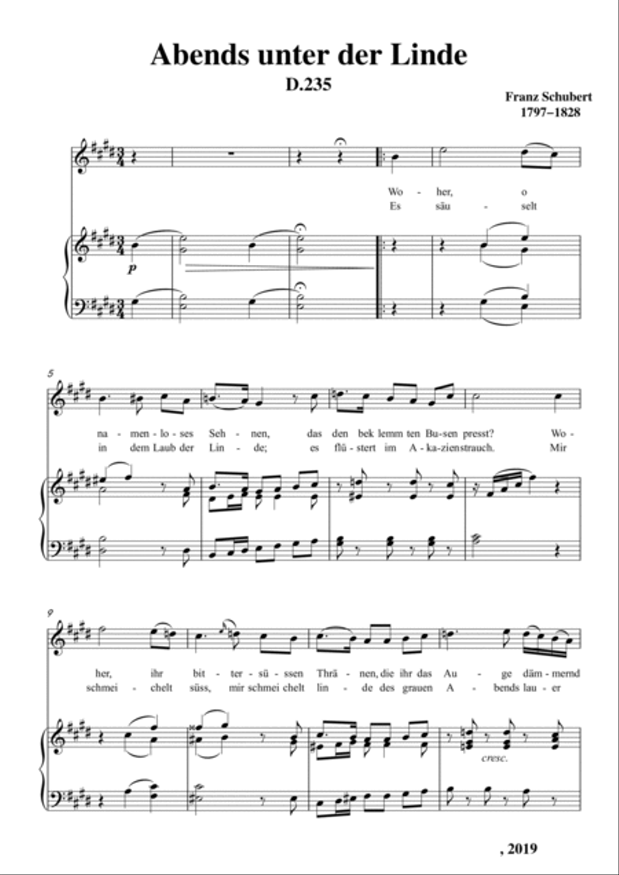 Schubert-Abends unter der Linde,D.235 in E for Vocal and Piano Voice scores gallery preview page 2