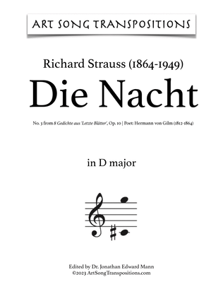 Book cover for STRAUSS: Die Nacht, Op. 10 no. 3 (transposed to D major, D-flat major, and C major)