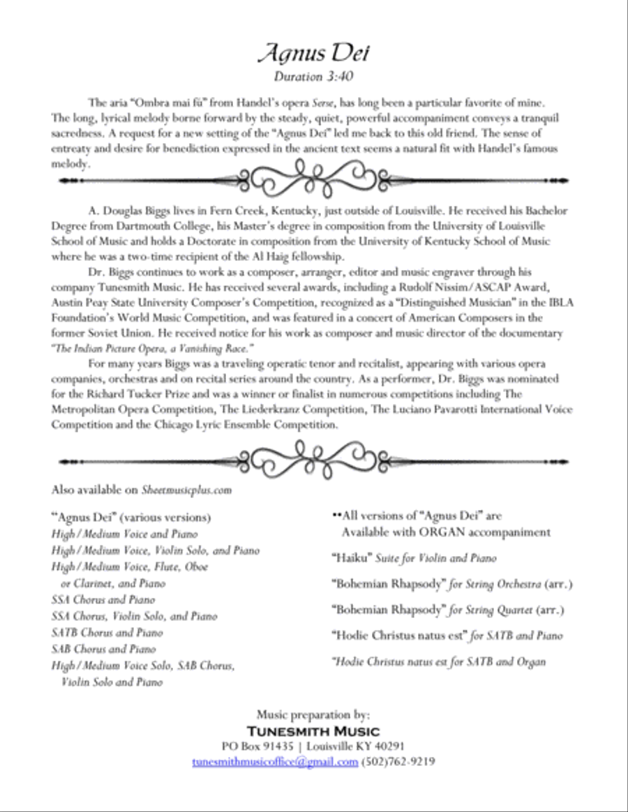 Agnus Dei for High Voice Solo, SAB Chorus, Violin Solo, and Piano 3-Part scores gallery preview page 2