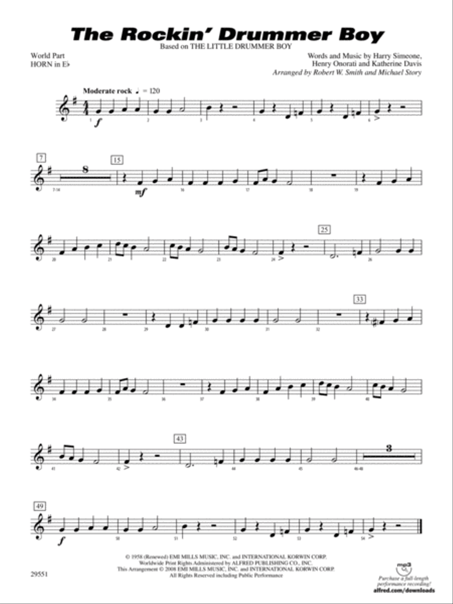 The Rockin' Drummer Boy: (World Part) 1st Horn in E-flat Concert Band scores gallery preview page 1
