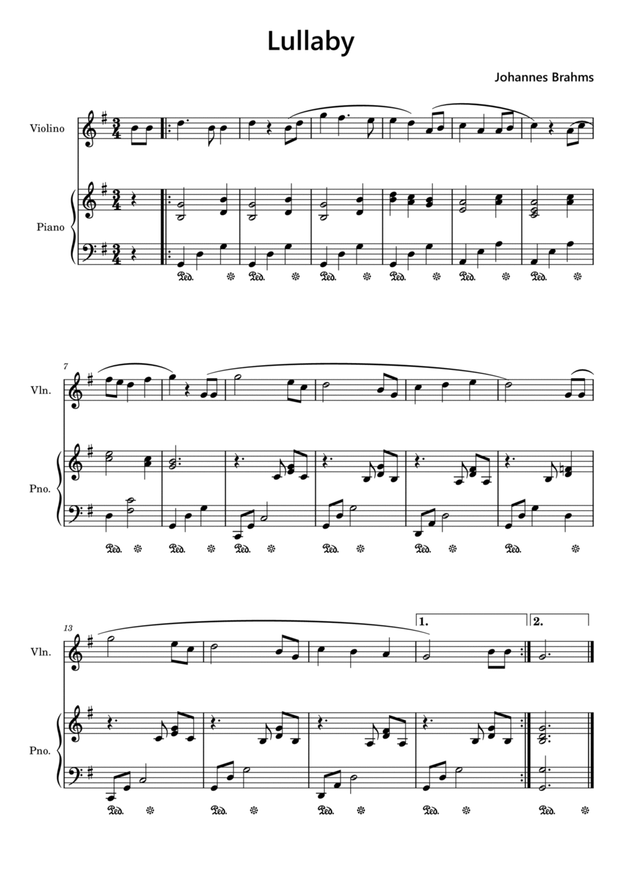Lullaby Brahms Violin & Piano Voice scores gallery preview page 1