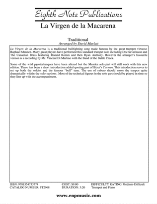 Book cover for LA VIRGEN DE LA MACARENA/TR AND PNO: Score