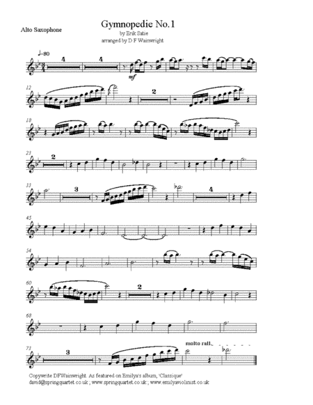 Gymnopedie No 1 by Satie, arranged for solo violin, alto saxophone and strings score & parts image number null