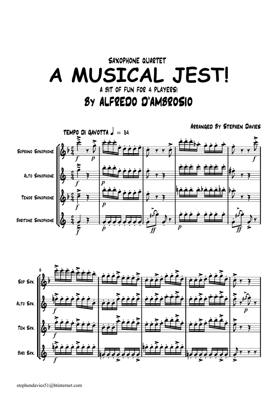 'A Musical Jest' By Alfredo D'ambrosio, Saxophone Quartet, a bit of fun for 4 players! Saxophone Quartet scores gallery preview page 1