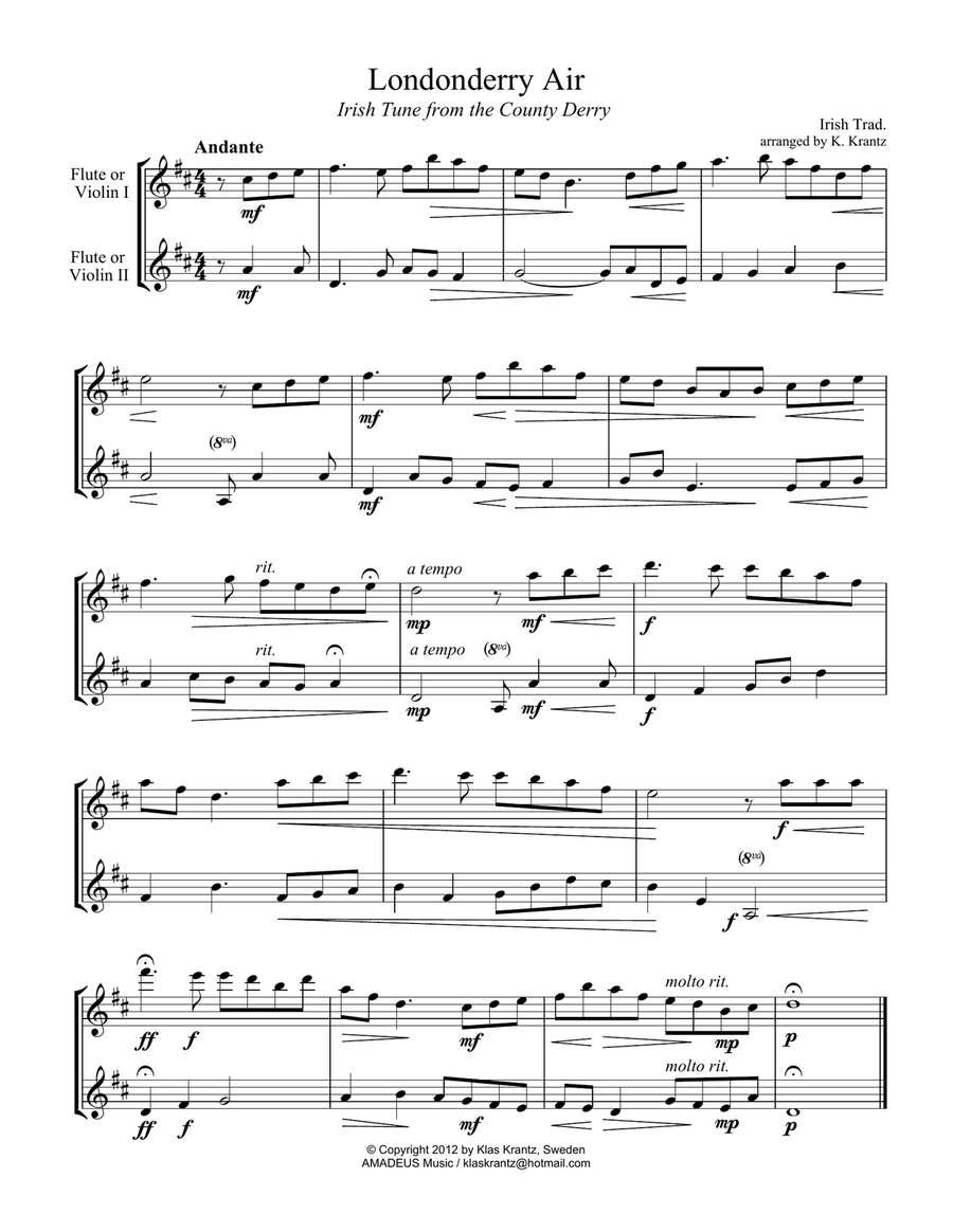 Londonderry Air for violin or flute duet Flute scores gallery preview page 1