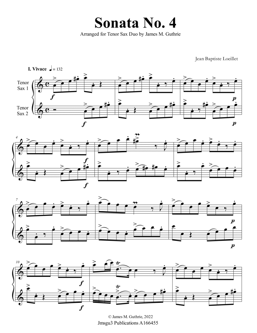 Loeillet: Sonata No. 4 for Tenor Sax Duo Woodwind Duet scores gallery preview page 1