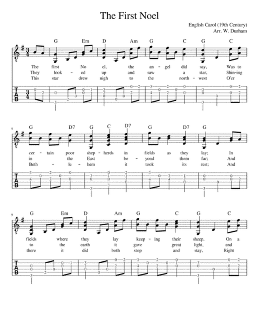 The First Noel - Christmas Carol for Fingerstyle Guitar -- Tab / Notation / Lyrics image number null